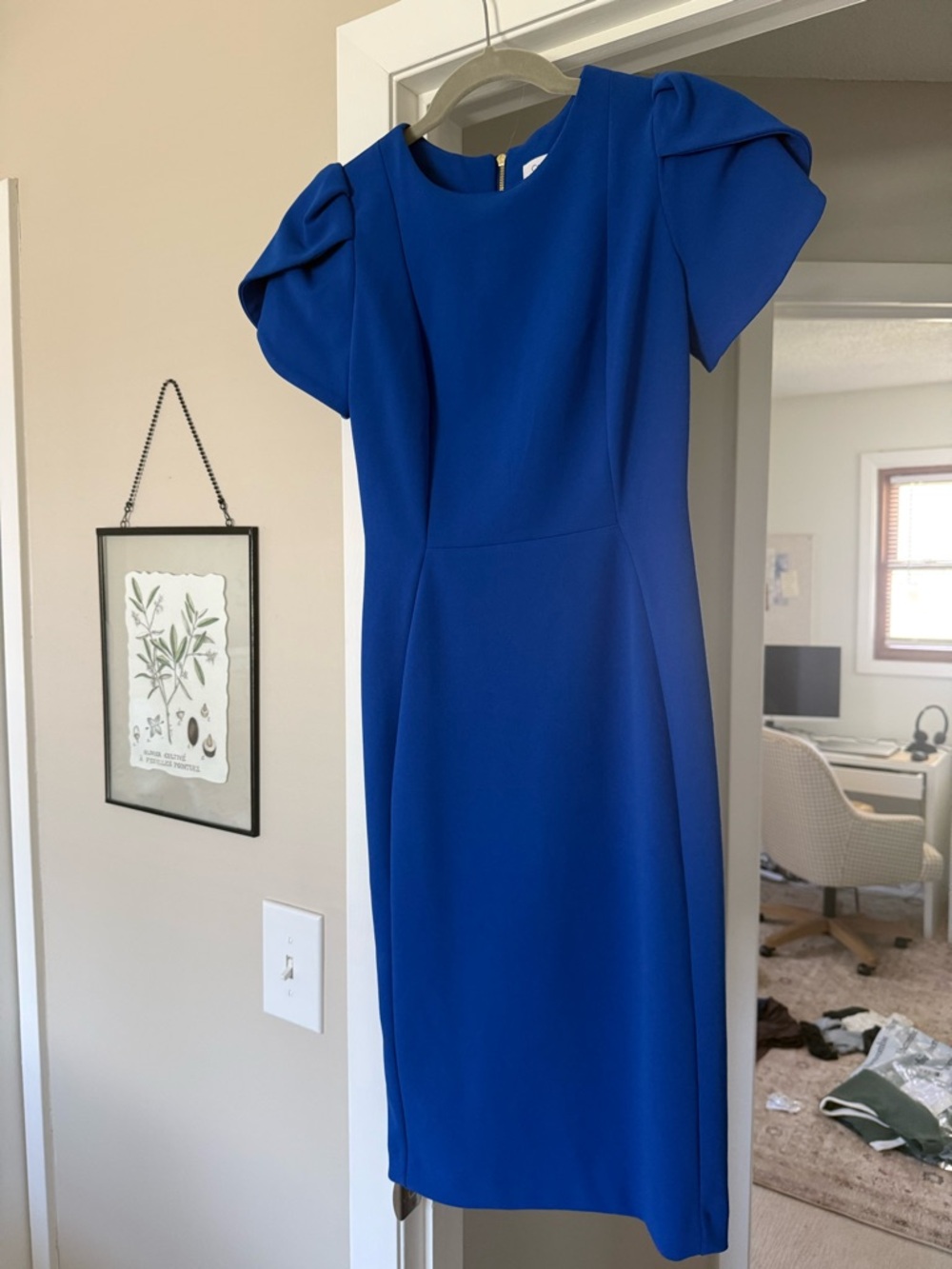 Calvin Klein Blue Midi Dress with Puff Sleeves